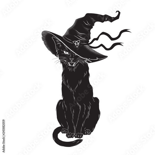 Fotomural Black cat with pointy witch hat line art and dot work