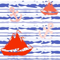 Wall Mural - Marine striped seamless pattern with ships and anchors. Vector