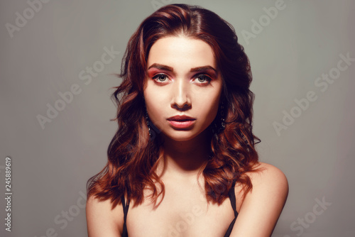 Beautiful Caucasian Woman With Short Brown Curly Hair Portrait Of