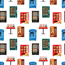 Seamless Pattern Vending Machines Full Of Products, Dispensers Collection With Water Candy Cigarettes Snacks Coffee Hot Food On White Background - Flat Vector Illustration
