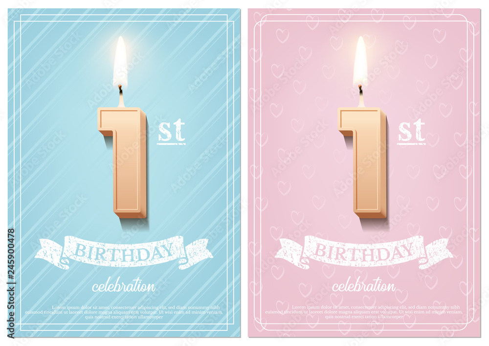 Burning number 1 birthday candle with vintage ribbon and birthday celebration text on textured blue and pink backgrounds in postcard format. Vector vertical first birthday invitation templates. - obrazy, fototapety, plakaty 