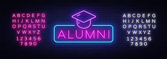 Wall Mural - Alumni Neon Sign Vector. Graduation neon symbol, design template, modern trend design, night neon signboard, night bright advertising, light banner, light art. Vector. Editing text neon sign