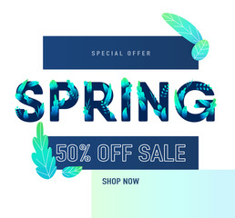 Wall Mural - Spring sale banner background with beautiful colorful leaves. Floral springtime graphic design. Letter with green leaves. Vector illustration