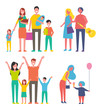 © robu_s - People families isolated icon set. Mother and father with kids, son and daughter, newborn child. Couple with guitar, musician and lady walking vector