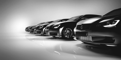 Wall Mural - Black sedan cars standing in a row.