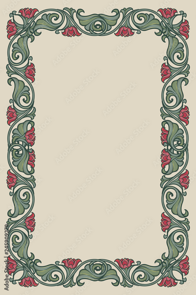 Floral rectangular frame. Fairy tale style decorative border. Vertical orientation. Vintage color palette. Hand drawn image isolated on monochrome background. EPS10 vector illustration - obrazy, fototapety, plakaty 