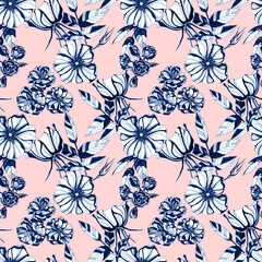  wild roses seamless pattern. Hand drawn ink illustration. Wallpaper or fabric design.