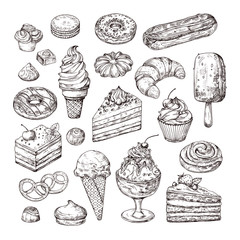 Wall Mural - Sketch dessert. Cake, pastry and ice cream, apple strudel and muffin in vintage engraving style. Hand drawn fruit desserts vector set. Illustration of cake with cream, dessert sketch, pastry sweet