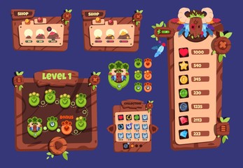 Wall Mural - Cartoon game ui. Wooden elements and popup menu, buttons and icons. 2d game interface vector design. Illustration of game interface, cartoon gui menu