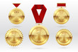 Gold medal. Number 1 golden medals with red award ribbons. First placement winner trophy prize. Vector set of golden award and medal trophy illustration
