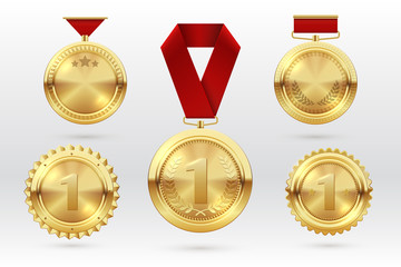 Wall Mural - Gold medal. Number 1 golden medals with red award ribbons. First placement winner trophy prize. Vector set of golden award and medal trophy illustration