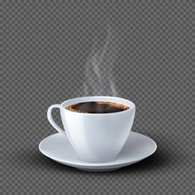 White Realistic Coffee Cup With Smoke Isolated On Transparent Background. Coffee Cup Beverage, Cafe Breakfast Illustration