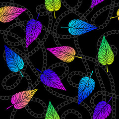Wall Mural - Colorful neon leaves and chains seamless vector pattern.