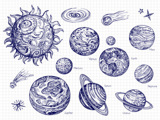 Sticker - hand drawn solar system and space elements vector design. illustration of galaxy space with solar sy