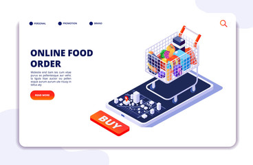 Wall Mural - Grocery food delivery. Online order with mobile app. Internet food restaurant isometric concept. Delivery isometric from shop food illustration