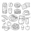 © MicroOne - Breakfast doodle. Sandwich bread toast egg butter, morning coffee and cheese sketch healthy food vintage vector set. Sandwich and coffee to breakfast, toast and egg illustration