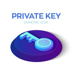 Poster - Private key. Digital key with Fingerprint 3D Isometric Icon. Cyber security and access. Created For Mobile, Web, Application. Perfect for web design, banner and presentation. Vector Illustration.