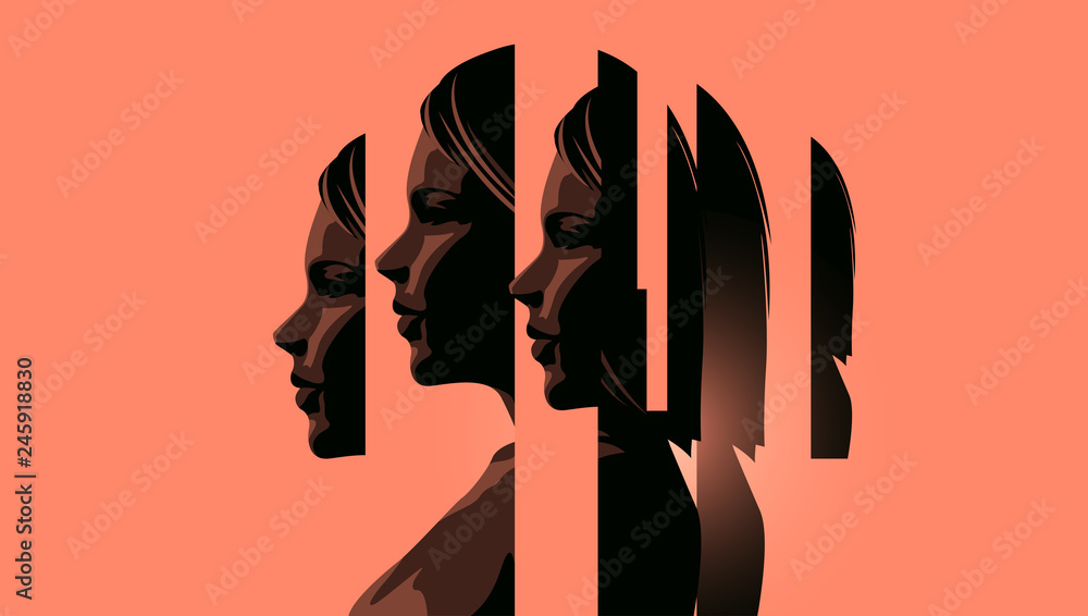A women dealing with mental heath issues showing the different faces of dealing with personal issues. Anxiety, depression and mindfulness awareness concept. Vector illustration. - obrazy, fototapety, plakaty 