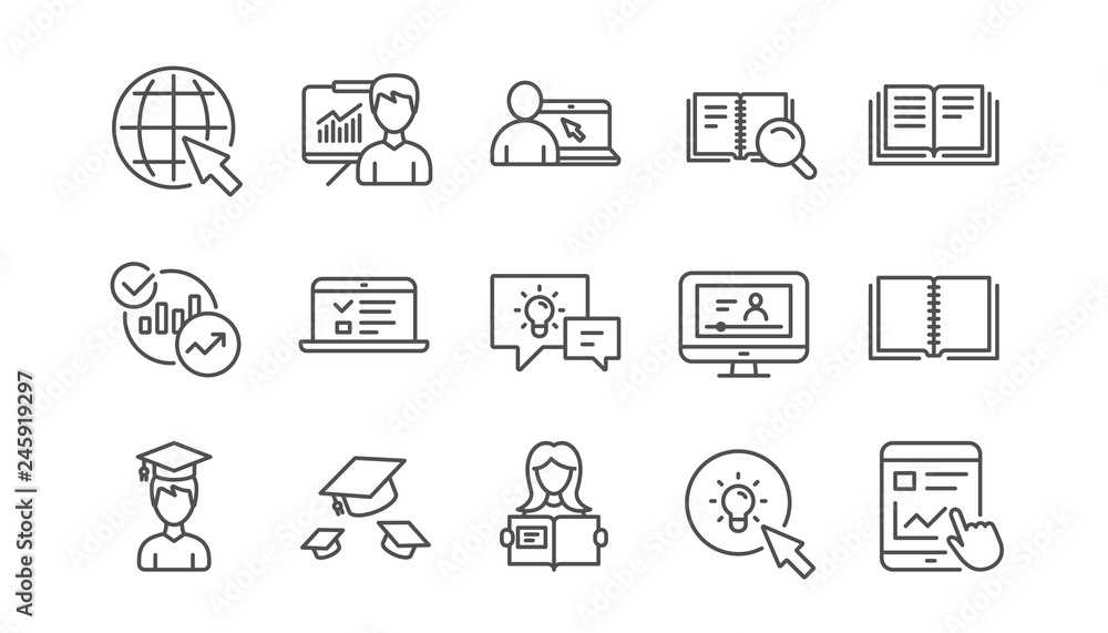 Education line icons. Book, Video tutorial and Instructions. Presentation linear icon set.  Vector - obrazy, fototapety, plakaty 