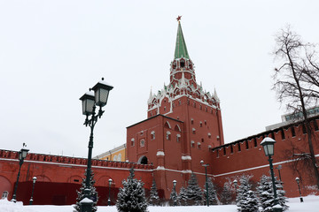 Wall Mural - Moscow Kremlin and snow covered fir trees in overcast day, scenic view. Troitskaya tower with red star and vintage street lantern in the Alexander garden, russian winter, landmarks of Russia