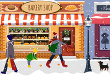 Winter Street View In New Year Party. Bakery Shop Front In Winter. People Walking In Winter Street. Vector Illustration In A Flat Style.