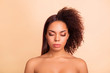 Close-up portrait of nice attractive groomed glamorous winsome charming lady perfect shine smooth clean clear flawless silky pure skin two side different hair isolated on beige pastel background