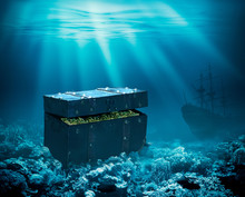 Treasures On The Seabed. Sunken Chest With Gold And Ship Under Water 3d Illustration