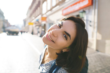 Sticker - pretty happy woman in street