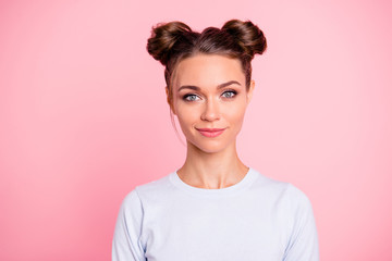 Close-up portrait of her she nice attractive cute adorable winsome delicate cheery calm girl with buns isolated over pink pastel background