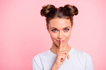 Sticker - Close-up portrait of her she nice cute attractive cheerful girl lady showing shh sign isolated over pastel pink background