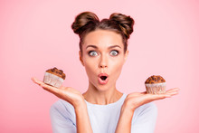 Close-up Portrait Of Nice Lovely Cute Attractive Amazed Scared Afraid Girl Holding In Hands Two Cakes Choosing Deciding Dilemma Opened Mouth Isolated Over Pink Pastel Background
