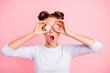 © deagreez - Portrait of nice attractive cool funny girlish girl closing covering eyes with pie macaroons opened mouth isolated over pink pastel background