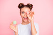 © deagreez - Close-up portrait of nice cute winsome attractive cool funny girlish girl closing covering one eye with sugary colorful pie opened mouth isolated over pink pastel background