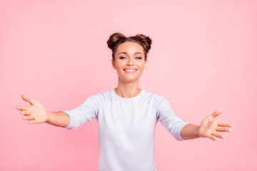 Sticker - Portrait of her she nice attractive lovely sweet winsome cheerful cheery girl embracing you isolated over pink pastel background