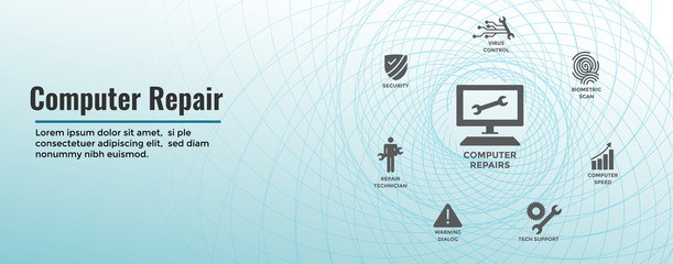 Wall Mural - Information technology Web Header Banner with Wrench, Computer Repairman, computer icons, etc.