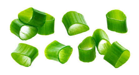 Chopped chives, fresh green onions isolated on white background, macro, closeup