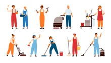 Set Of Smiling Male And Female Cleaning Service Workers, Home Cleaners Or Housekeepers With Floor Polishing Machines, Mops, Wipers Isolated On White Background. Flat Cartoon Vector Illustration.