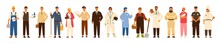 Collection Of Men And Women Of Various Occupations Or Profession Wearing Professional Uniform - Construction Worker, Farmer, Physician, Waiter, Cleaner, Astronaut. Flat Cartoon Vector Illustration.