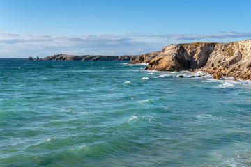 Wall Mural - French landscape - Bretagne. Panoramic view of the wild coast of Brittany with rocks and waves.