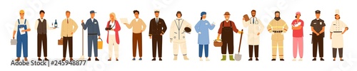 Fotomural Collection of men and women of various occupations or profession wearing professional uniform - construction worker, farmer, physician, waiter, cleaner, astronaut