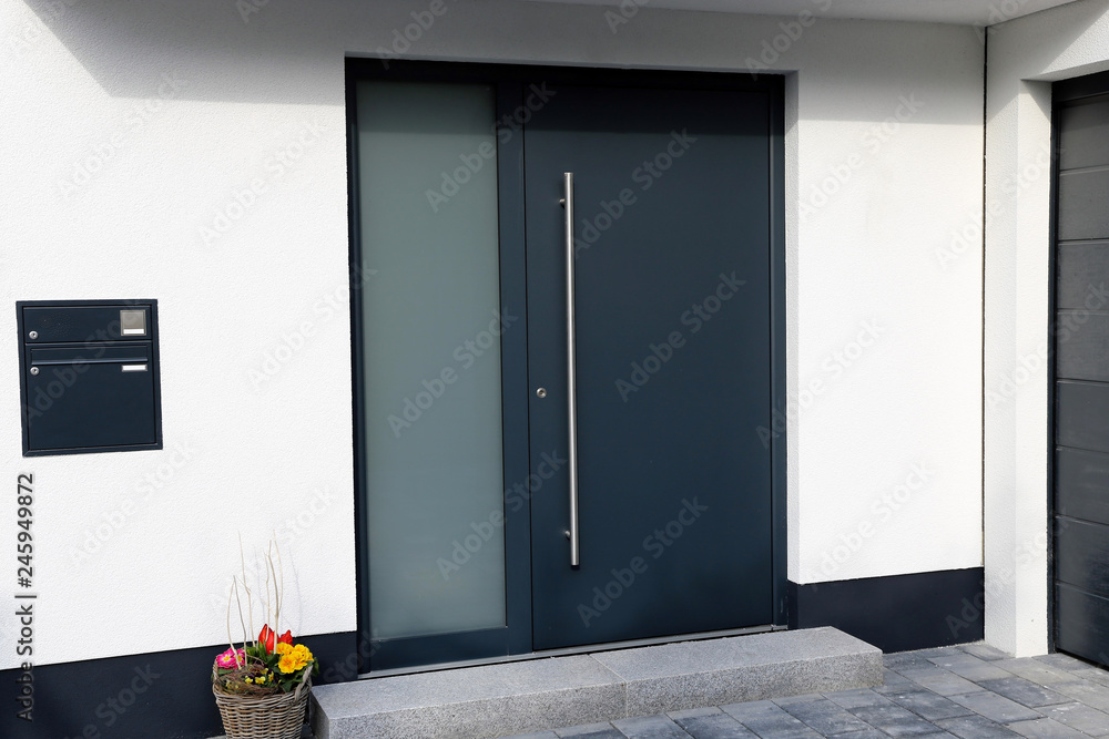 Modern new anthracite grey front door - obrazy, fototapety, plakaty 