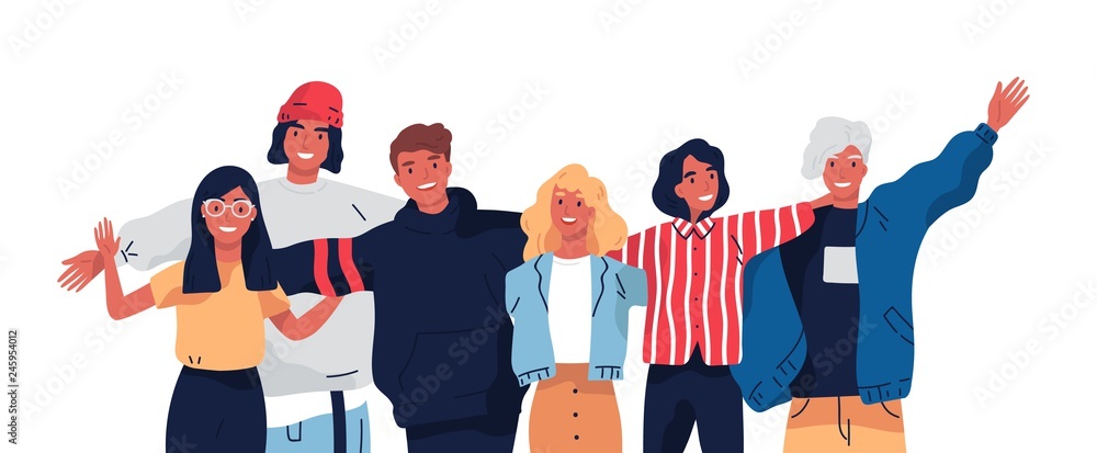 Group portrait of smiling teenage boys and girls or school friends standing together, embracing each other, waving hands. Happy students isolated on white background. Flat cartoon vector illustration. - obrazy, fototapety, plakaty 