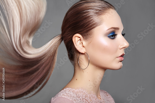 Girl With Ponytail Hairstyle Shiny Straight Hair Fashion Makeup