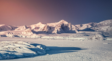 Wall Mural - sunset in antarctica. snow on mountain range against colorful pink and blue sky. big glacier in fron