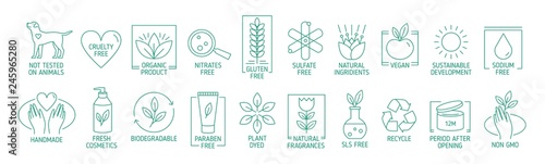 Fotomural Collection of linear symbols or badges for natural eco friendly handmade products, organic cosmetics, vegan and vegetarian food isolated on white background