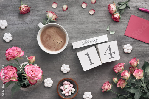Valentines Day Background With Pink Roses Wooden Calendar