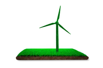 Concept of ECO, green energy and circular economy, green grass in wind turbine shape on grass land with mud, isolated on white background, 3D illustration.