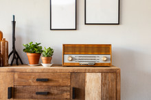 Retro Living Room Design With Cabinet And Radio Along With Green Plants And Blank Paintings, White Wall