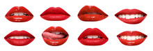 Set Of Mouths With Beautiful Make-up Isolated On White. Red Lipstick