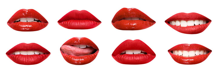 set of mouths with beautiful make-up isolated on white. red lipstick